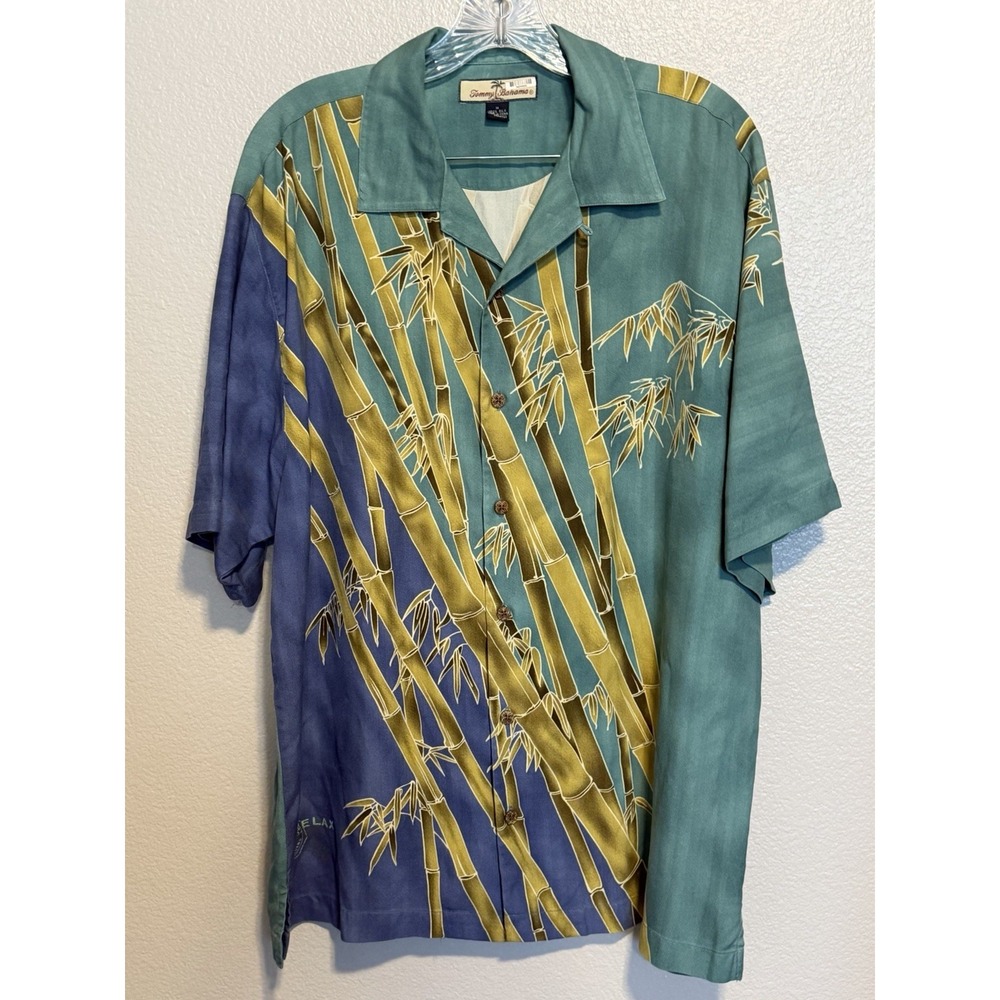 Tommy Bahama Silk Hawaiian Shirt Mens M Blue Green Bamboo Asian Print Aloha Y2K